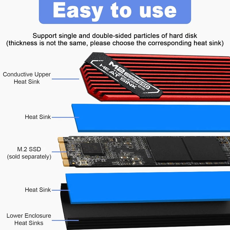 ASTARON M.2 Heatsink 2280 SSD Cooler with Nano Thermal Pads (1mm and 0.5mm) 2280 NVME M2 Thermal Pad Heat Sink for PC/PS5/Gaming Laptops (Red) - Image 3